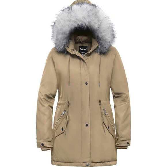 Tops - Women's Winter Khaki Faux Fur Hood Jacket Coat Zip Up Flap Pockets Designed
